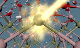 An artistic rendering of the interface between a photoabsorbing material and an aqueous electrolyte