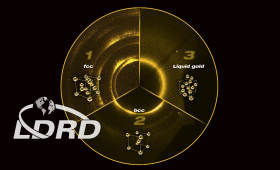 Three images of gold under pressure, with crystal structures superimposed