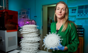 banner image of sarah baker holding 3d printed filters