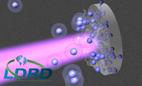 Artist's conception of laser beam hitting nitrogen molecules (double spheres)