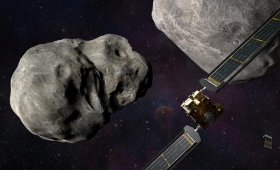 Illustration of NASA’s DART spacecraft and the Italian Space Agency’s (ASI) LICIACube prior to impact at the Didymos binary system. Image courtesy of NASA/Johns Hopkins Applied Physics Laboratory/Steve Gribben.