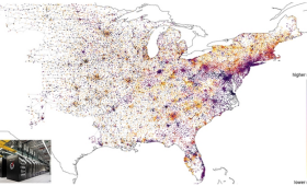 heatmap of the risk of equipment overload for a 70,000-bus synthetic system, representative of the eastern United States