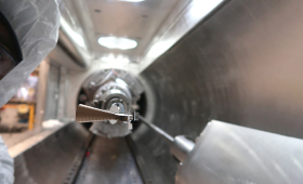 The CuEXAFS target as mounted on the target positioner prior to insertion into the NIF target chamber.  Photo by Luis Zeledon/LLNL.