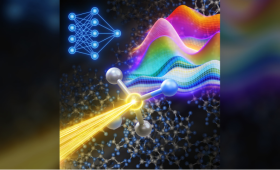 Artwork illustrating a new study combining atomistic simulations, machine learning potential, and data-driven methods to study the chemical speciation of amorphous carbon nitride using X-ray absorption near-edge structure (XANES) spectra.