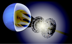 Artistic rendition of X-ray diffraction from a sample in the toroidal diamond anvil cell at conditions relevant to the deep interior of Neptune