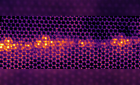 Using atomic-resolution scanning transmission electron microscopy, researchers found that in the presence of iron, the grain boundary of titanium undergoes a phase transition, forming “cages” or “clusters” at the grain boundary (the gold region at the center of the image). 